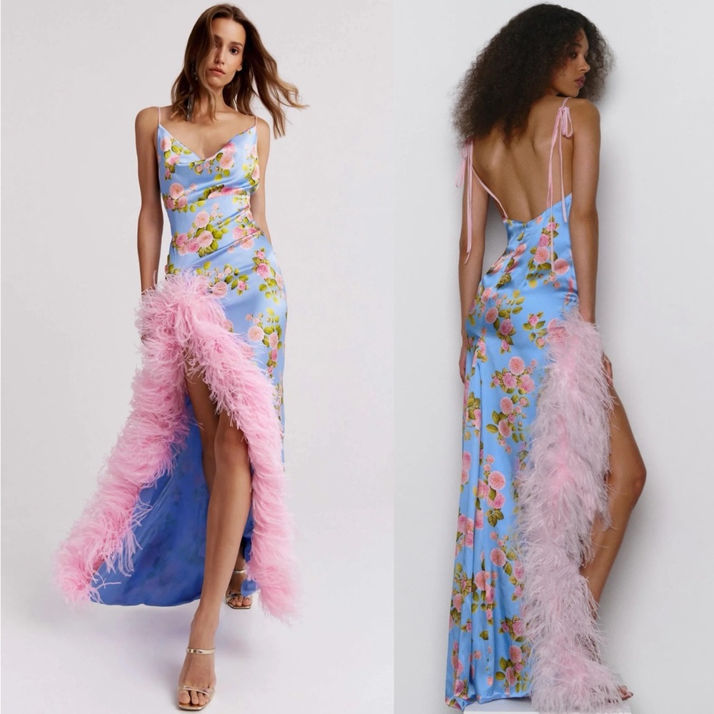 Floral Blue Maxi Dress with Pink Accents